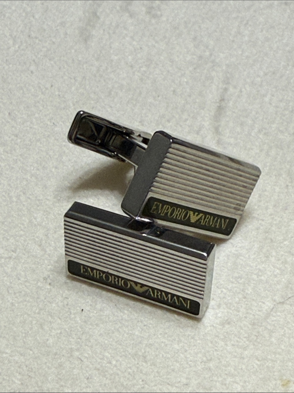 Emporio Armani Silver and Black Striped Logo Cufflinks